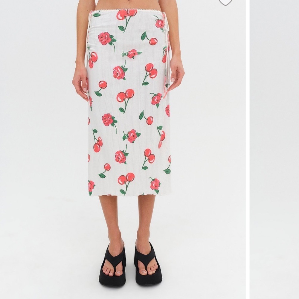 For love & lemons Wilma cherry midi skirt 90s casual red white fall bow $120